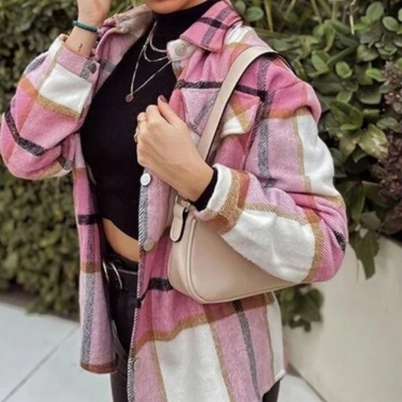 Casual Plaid Flap Pocket detailed button down pink Overshirt - Picture 6 of 16